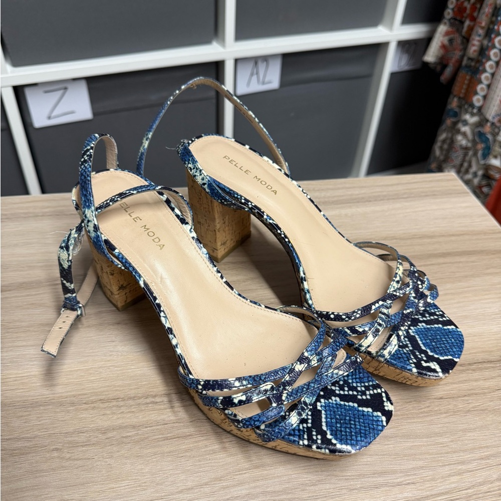 Pelle Moda Amy Ankle Strap Blue Snake Skin Patterned Cork Block Heel Sandals